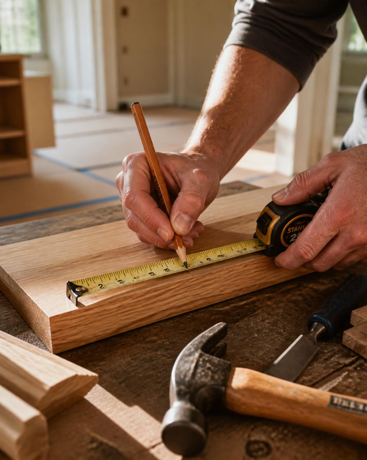Carpenter measuring and marking an oak board during a home renovation